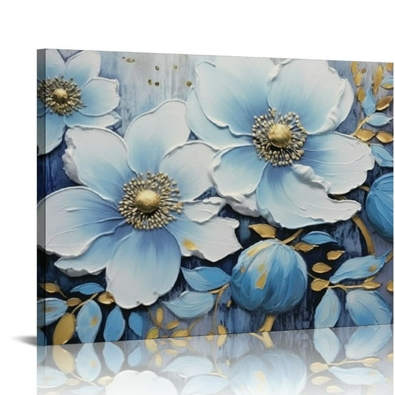 COMIO Flowers Painting Florals Canvas Landscape Wall Art Textured Picture, Abstract Botanical Modern Grayish Blue Print Artwork for Living Room Bedroom Office Home Decor