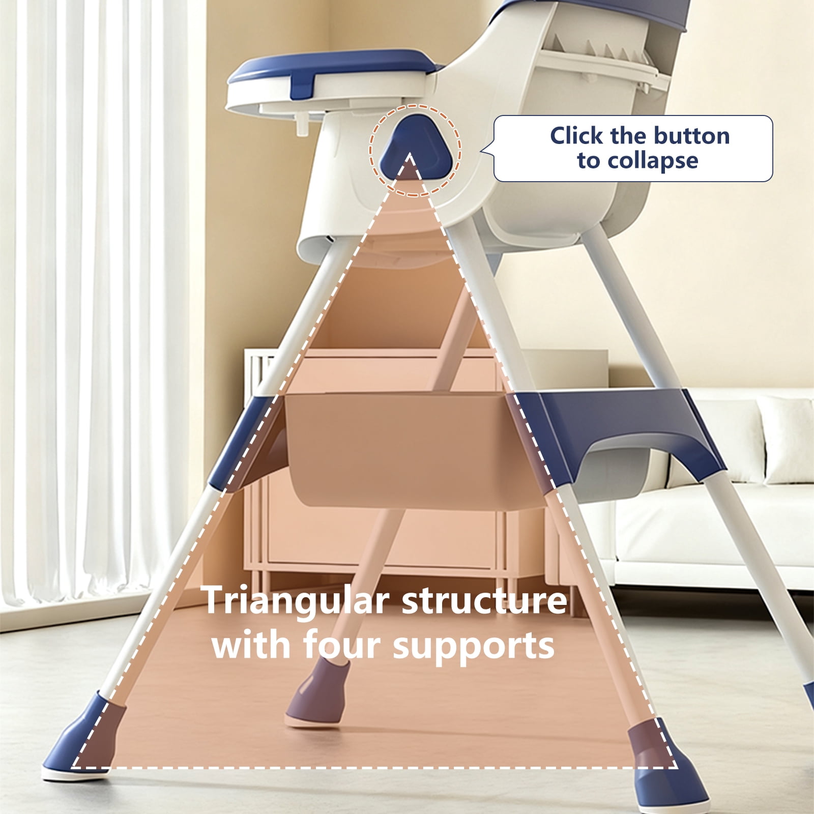 4-in-1 Baby High Chair for Babies & Toddlers, Foldable High Chair with Detachable PU Cushion, Removable Tray, Adjustable Height, Locking Wheels, Blue