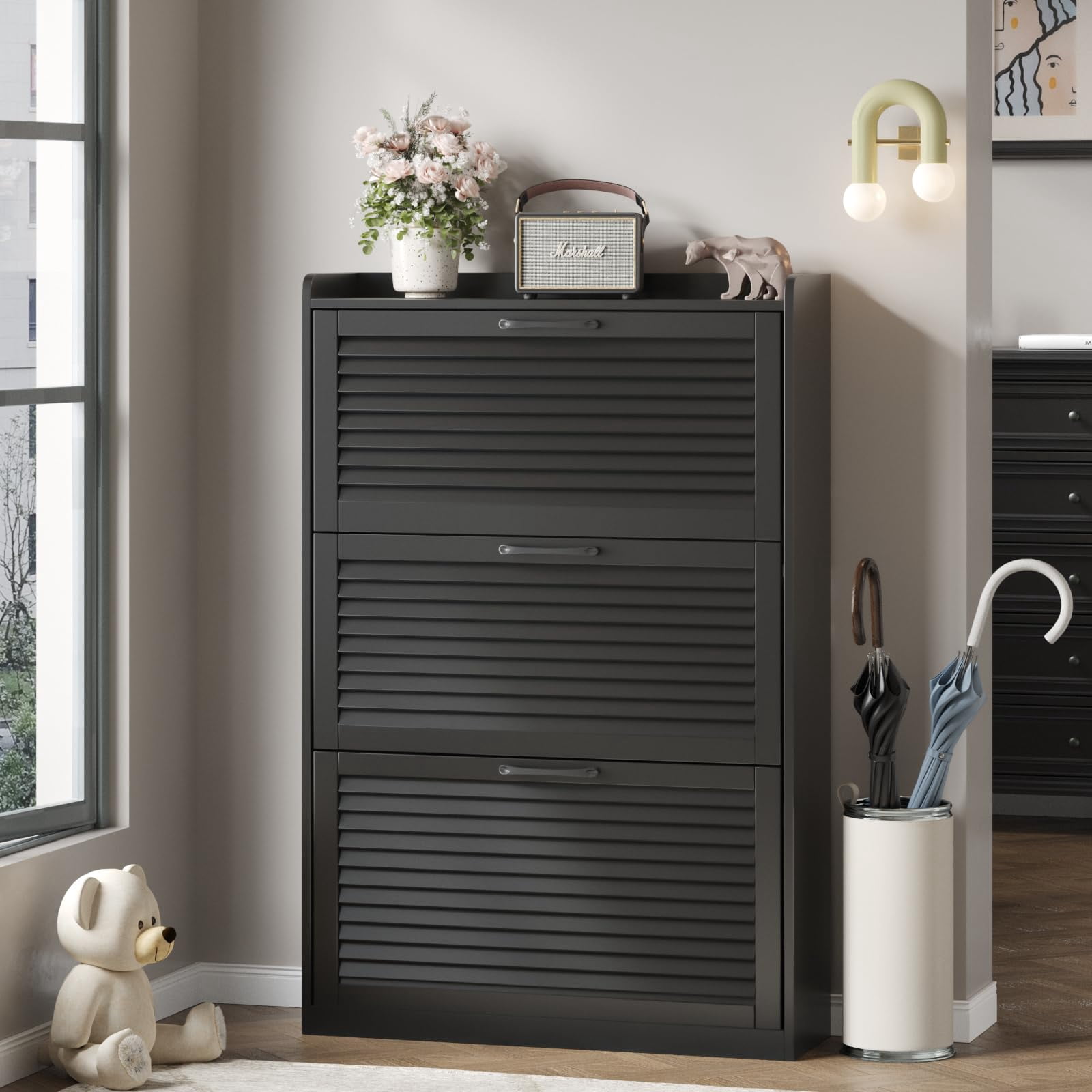 VEANERWOOD Shoe Storage Cabinet with 3 Flip Louvered Doors, Shoe Cabinet for Entryway, Narrow Shoe Rack Cabinet, Black