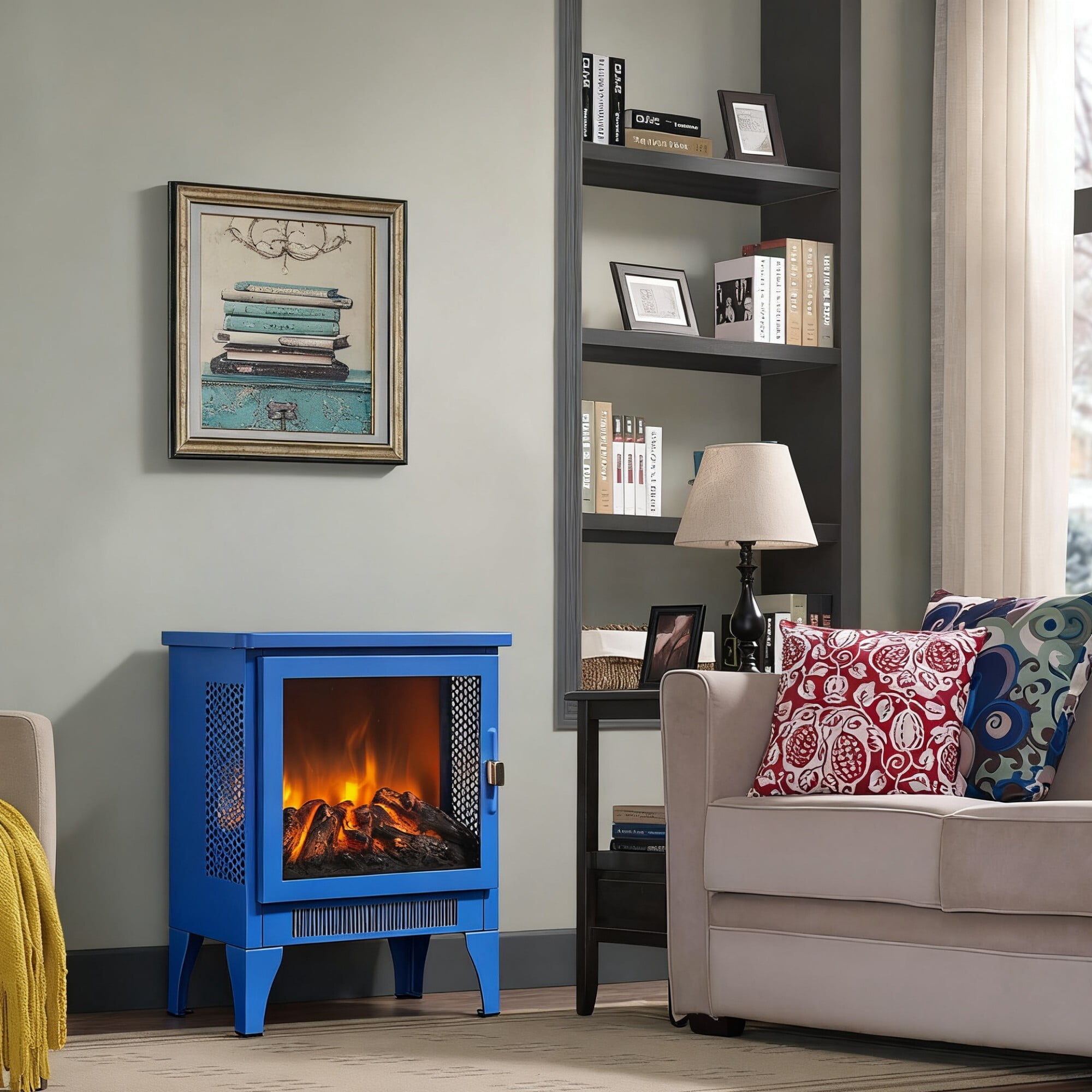 DEALTOPS 14.2" Electric Fireplace Stove Heater, 3D Flame, Portable Space Heater with Dual Heat Settings, Blue