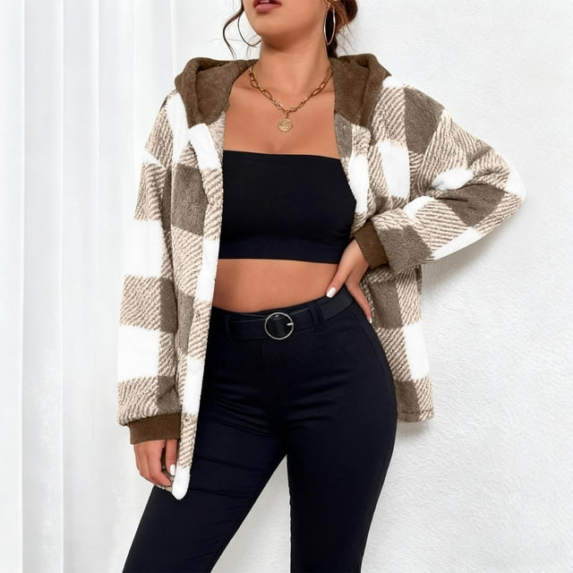 Ounisa Plaid Jacket for Woman Hooded Fuzzy Sherpa Fleece Jacket Button Down Plus Size Winter Coats Buffalo Plaid Shacket