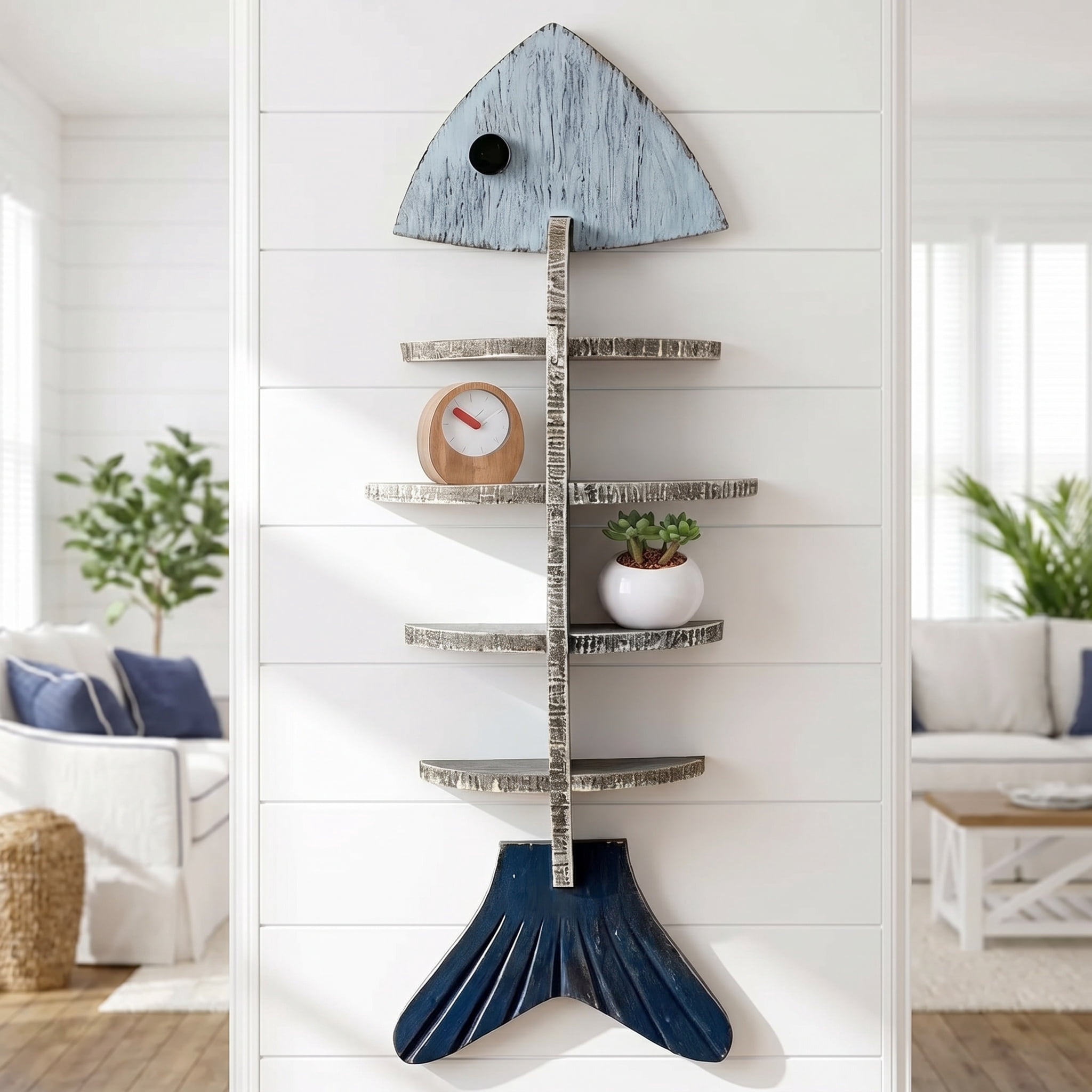 Wooden Fish Wall Shelf, Wood Fish Beach Decor Display Shelf, Nautical Coastal Style Wall - Mounted Organizer in Bedroom，Living Room，Lake House, Bathroom
