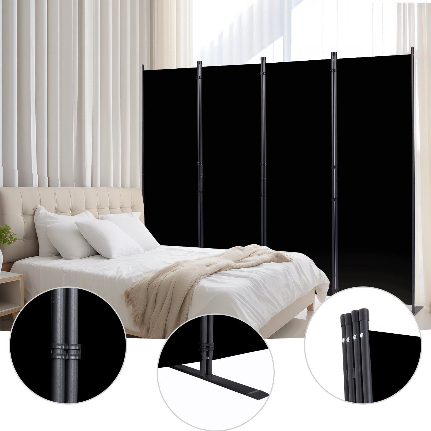 YASRKML 4 Panel Folding Privacy Screen, 6Ft Tall Room Divider with Wider Support Feet, Portable Wall Dividers Room Partition, Black
