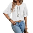 thumbnail image 2 of T Shirts Women Ladies Summer Solid Color V Neck Tee With Double Layer Flared Mid Sleeves Oversized Tshirts Women White XL, 2 of 4