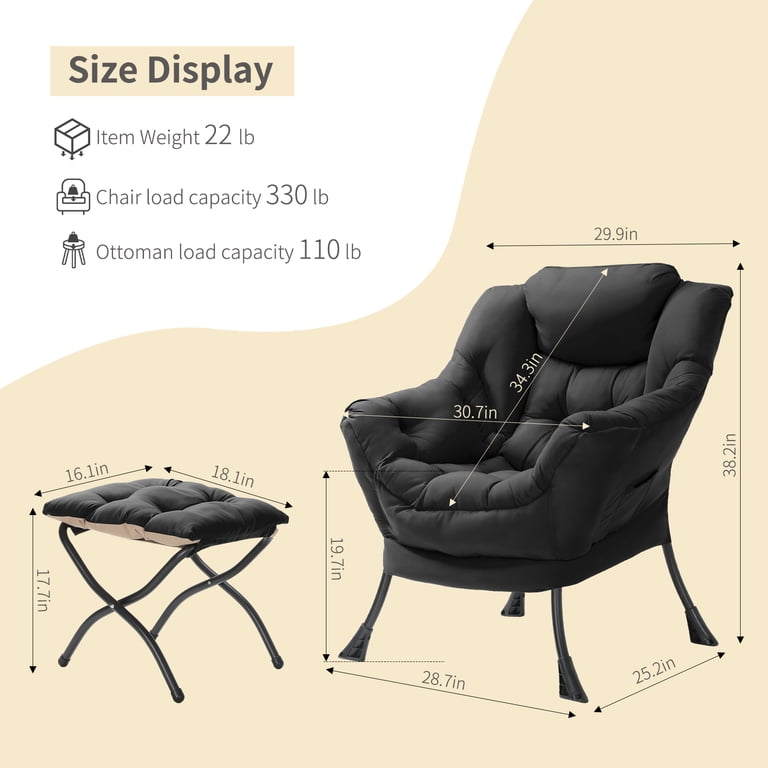 Arlopu Lazy Chair with Foldable Ottoman, Black photo 3
