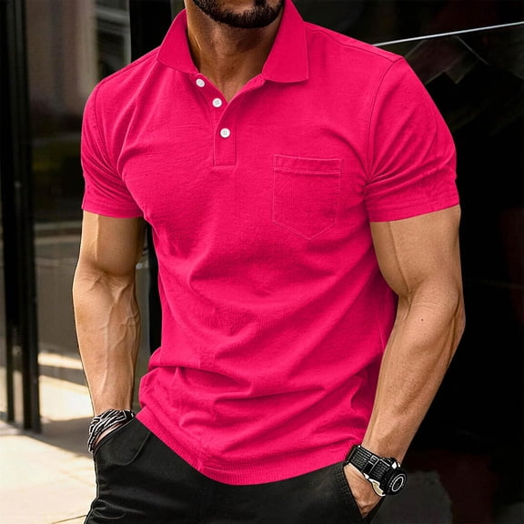 Domuza Men's Polo Shirts Short Sleeve with Pocket Cotton T-Shirts 3 Buttons Casual Polo Moisture Wicking Golf Shirts Hot Pink 2XL