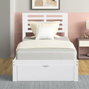SYNGAR Twin Bed Frames with Headboard, Modern Wood Twin Size Bed Frame with Storage Drawer, Wood Slat Support, No Box Spring Needed, Easy Assembly, 250 lbs Weight Capacity, White