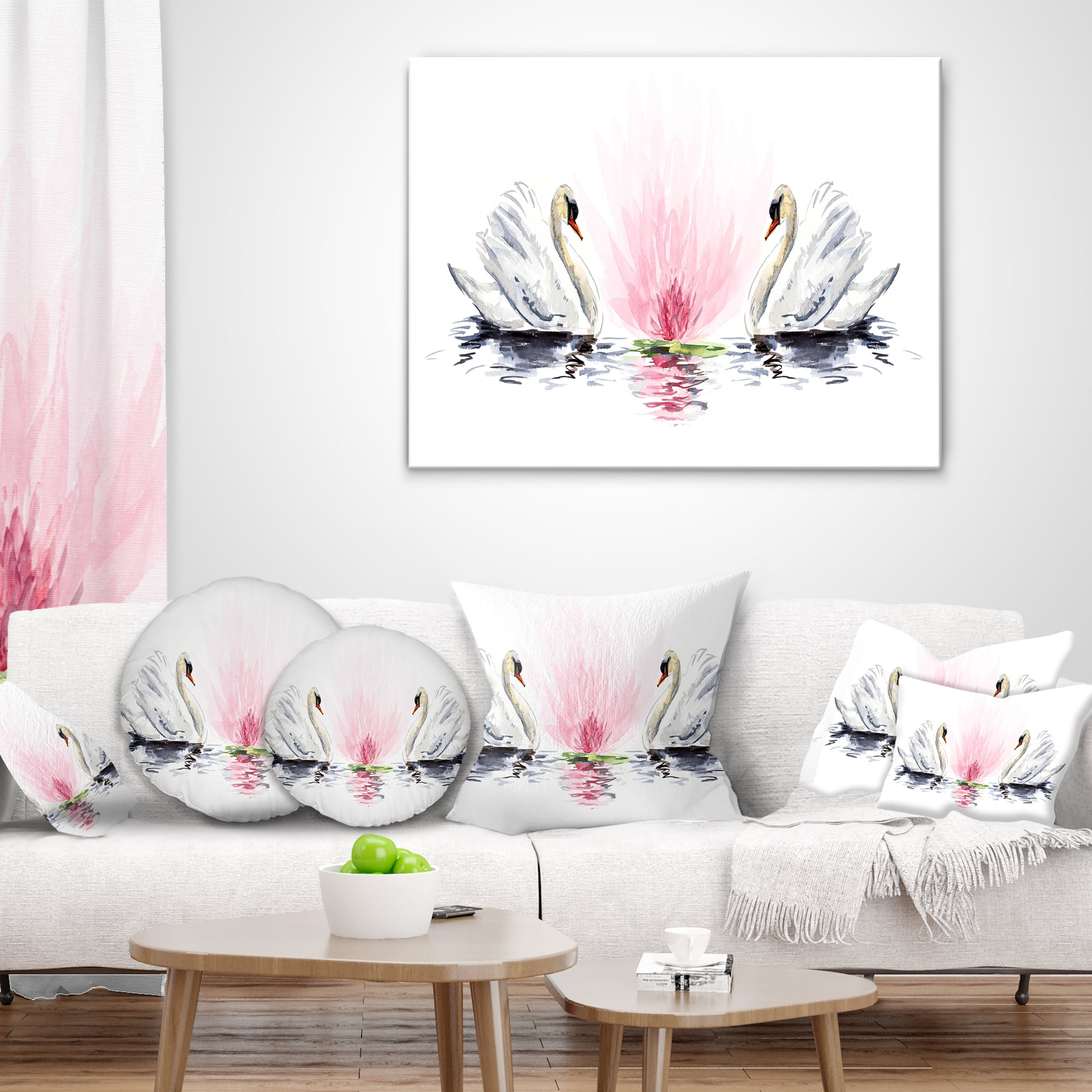 Designart Floating Swans on White Background - Animal Throw Pillow - 16x16