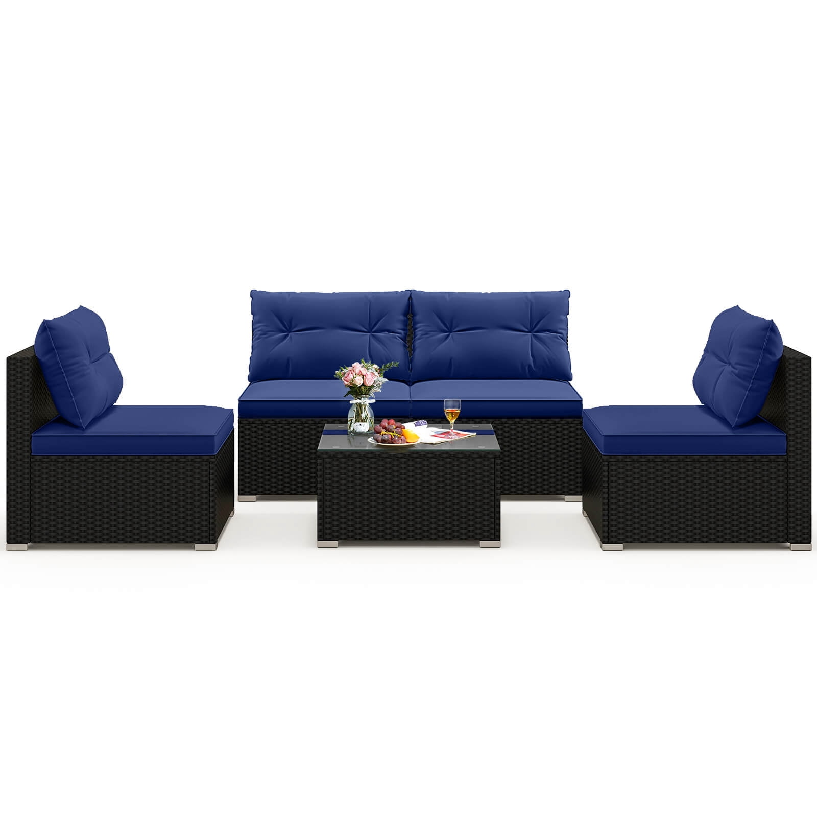 Costway 5 Piece Outdoor Furniture Set with Seat & Back Cushions Tempered Glass Tabletop Blue