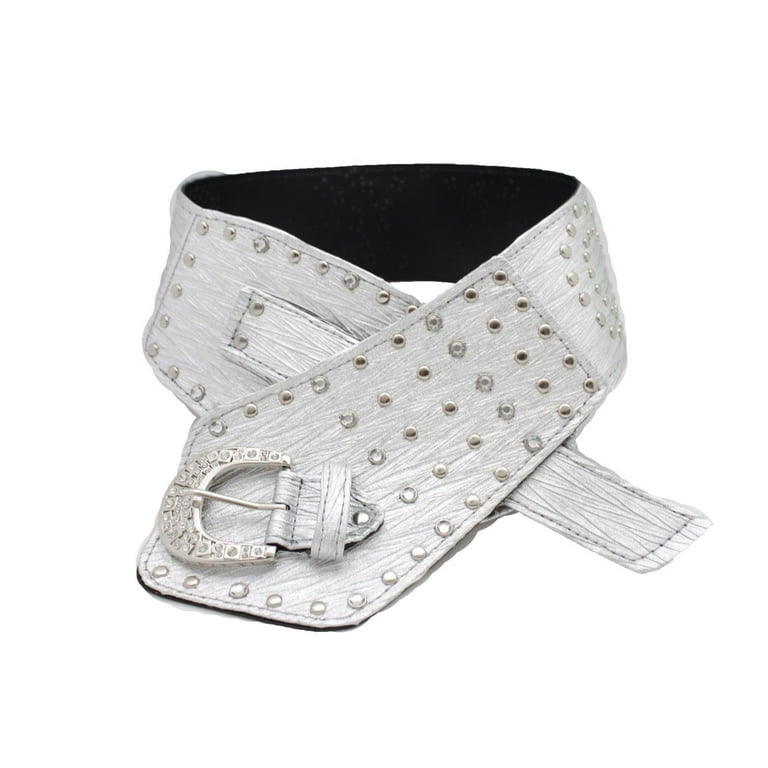 Women Wide Band Western Hip Silver Belt Metal Studs Bling Buckle Slimming L XL