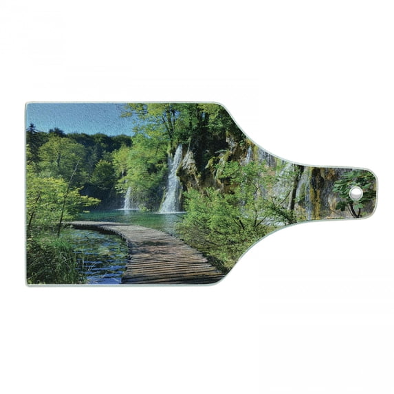 Lake Theme Cutting Board, Pattern of a Boardwalk Through the Waterfalls of Plitvice National Park Croatia, Decorative Tempered Glass Cutting and Serving Board, in 3 Sizes, by Ambesonne