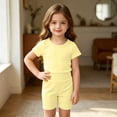 thumbnail image 4 of Juorvia Girls Summer Outfits 2pc Toddler Knitted Ribbed Classic Fitted Crew Neck T-Shirts High Waist Shorts(18-19 Months,Yellow), 4 of 6