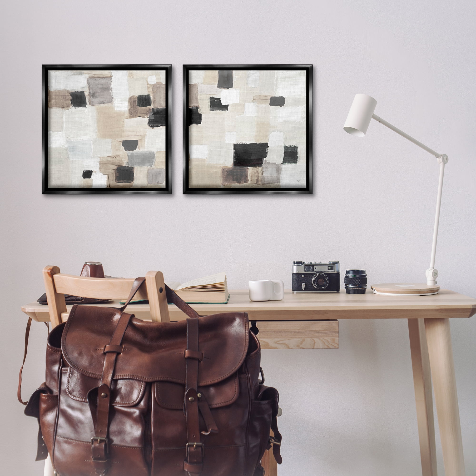 Stupell Industries Neutral Patchwork Squares Abstract Painting Black Floater Framed Canvas Art Print Wall Art, 18 x 18, Set of 2