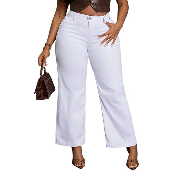 VIPHONEY Plus Size Women's High-Waist Wide-Leg White Denim Jeans