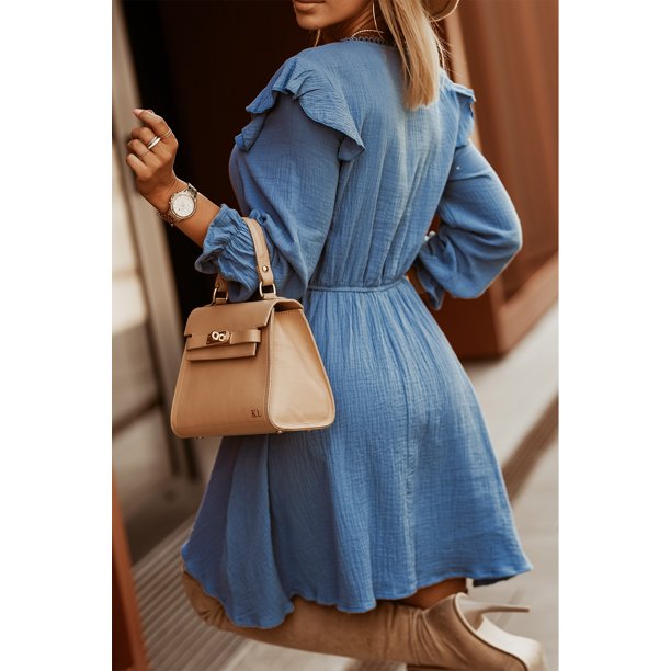 ABPHQTO Mini vestido tipo túnica arrugado con cuello en V y mangas abullonadas azul para mujer
