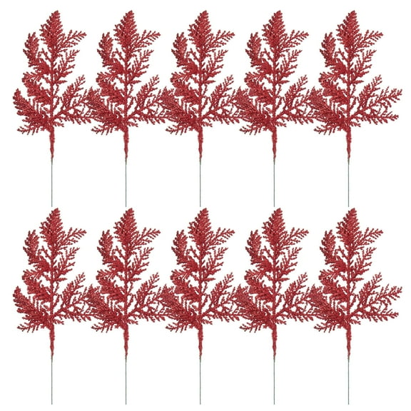 Deago 10 PCS Christmas Glitter Artificial Pine Needles-10.6" Fake Foliage Pine Stems Picks for DIY Garland Wreath Xmas Tree Home Garden Decoration (Red)