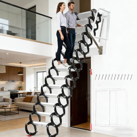 12-Steps Wall Mounted Attic Ladder kit with Handrails, 3.1m Folding Loft Staircase, Up to 1100lbs Telescopic Fold Ladder for Attics, Garages, Roofs, Basements