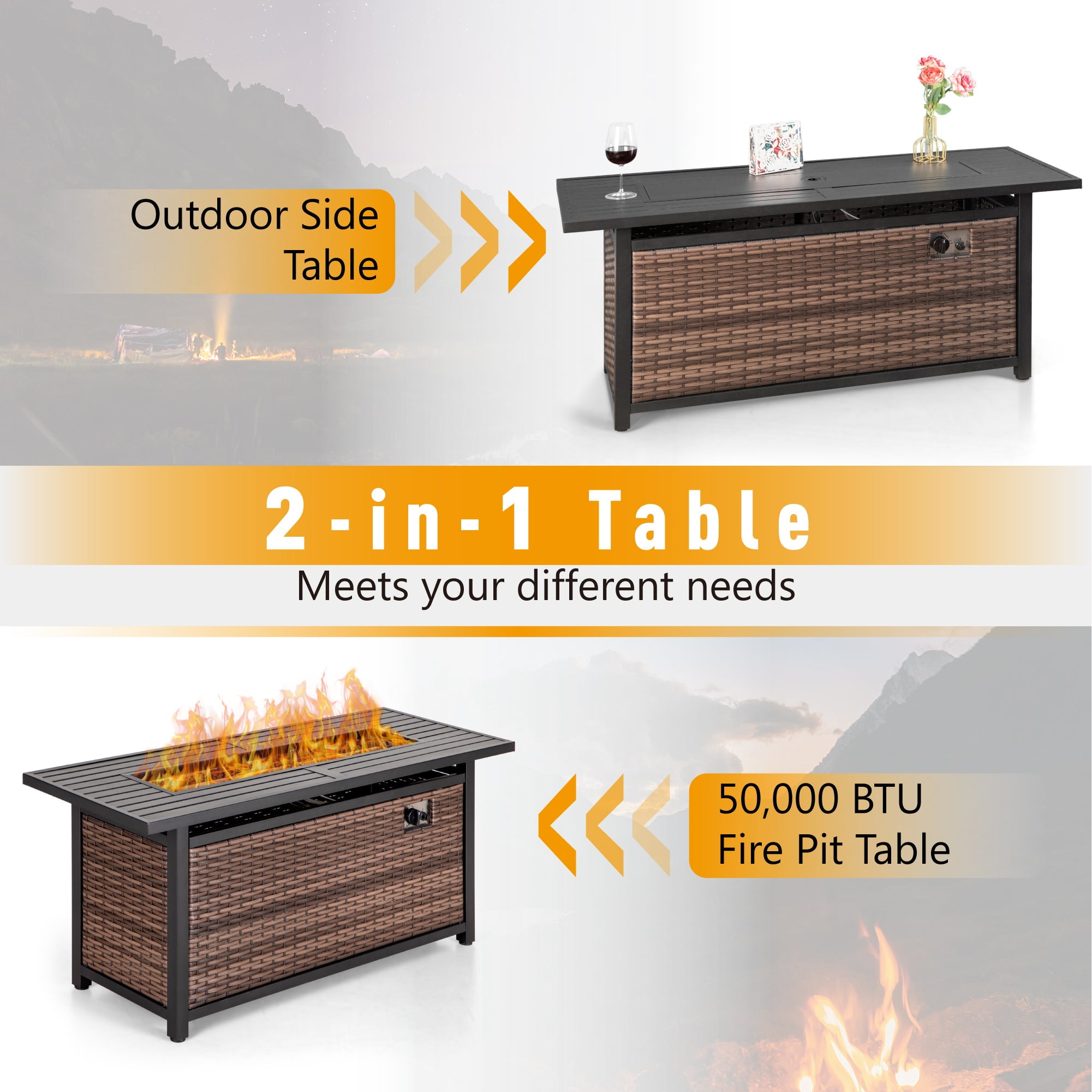 Sophia & William 4 Piece Steel Patio Furniture Set Outdoor 5-Seat Wicker Rattan Conversation Set with 56" Fire Pit Table and Swivel Sofa Chairs