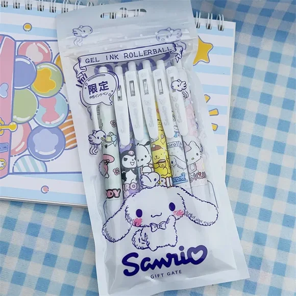 6Pcs/Set Kawaii Sanrio Cinnamoroll 0.5mm Gel Pens Set Cute Hello Kitty Black Pen Cartoon School Student Stationery Supplies Gift