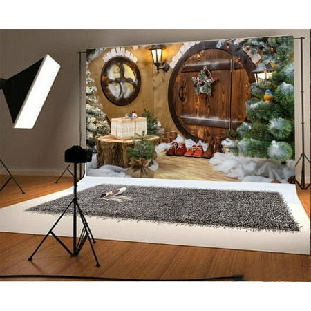 Image of MOHome 7x5ft Merry Christmas Backdrop Garland Xmas Decoration Tree Boots Gifts Bird Lantern Rustic Wood Door Happy New Year Photography Background Kids Adults Photo Studio Props