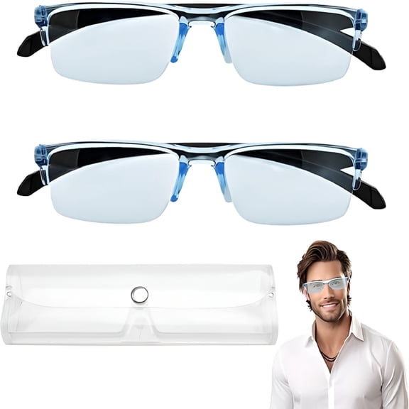 HBMYN 2 Pcs Auto Focus Glasses,Automatic Zoom Reading Intelligent Self Adjusting Presbyopia Anti-Blue Light Glass Adjustable Presbyopic Color-Changing Smart Look Far And Near for Men Women(Blue)