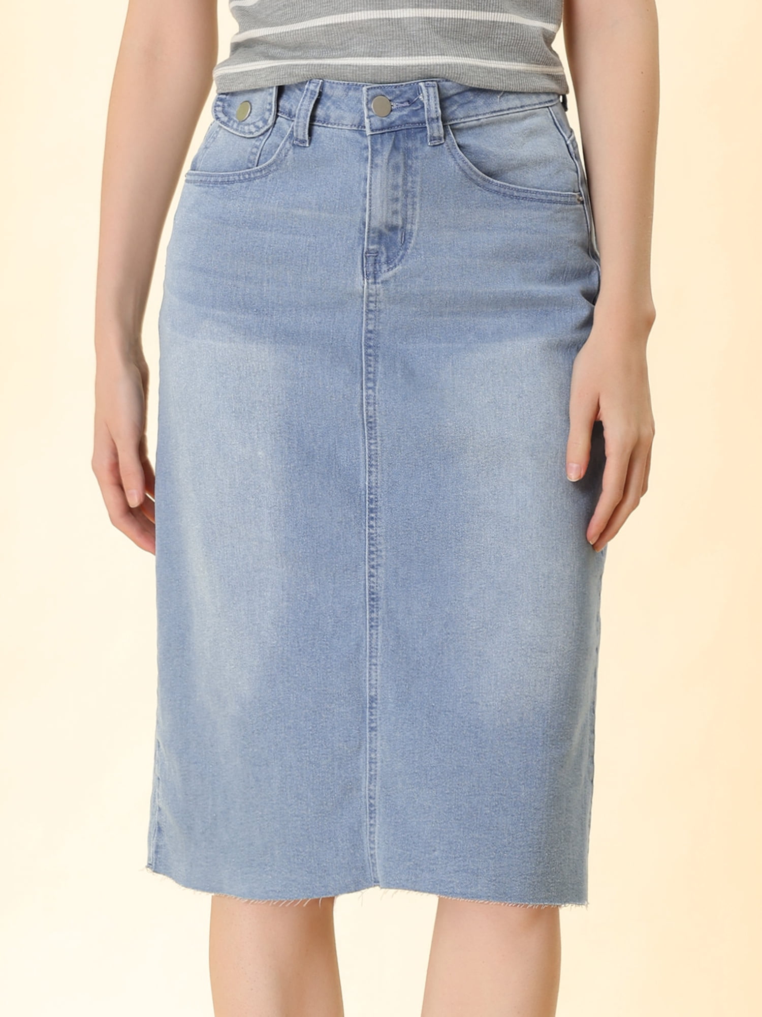 DARING DIVA Women's Jean Back Vent Midi Length Denim Skirts L Light Blue