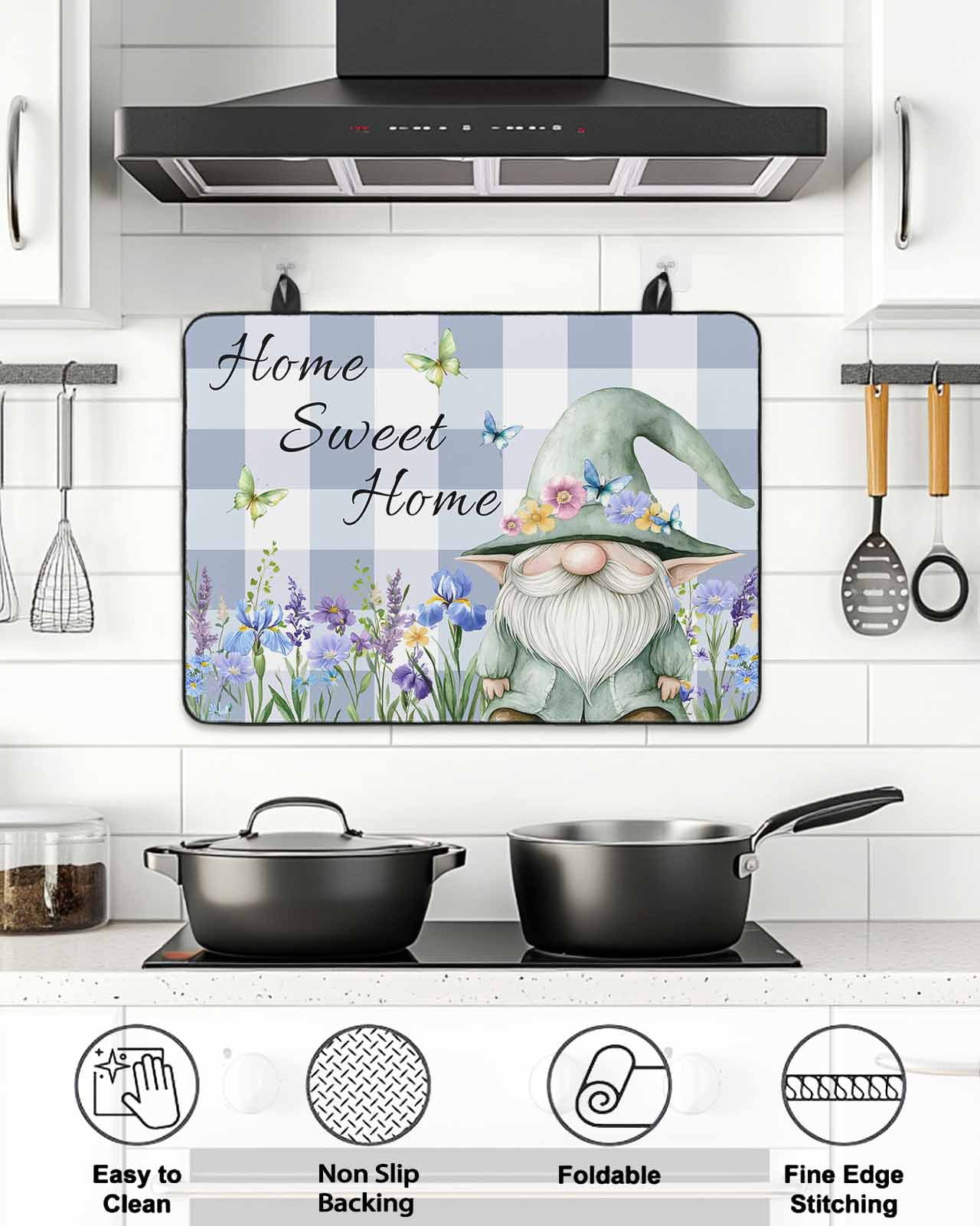 Stove Top Covers for Electric Stove 31x24 Inches, Spring Gnomes Heat Insulation Fireproof Glass Cooktop Protector, Botanical Flowers Purple Buffalo Plaid Countertop Stovetop Cover for Kitchen
