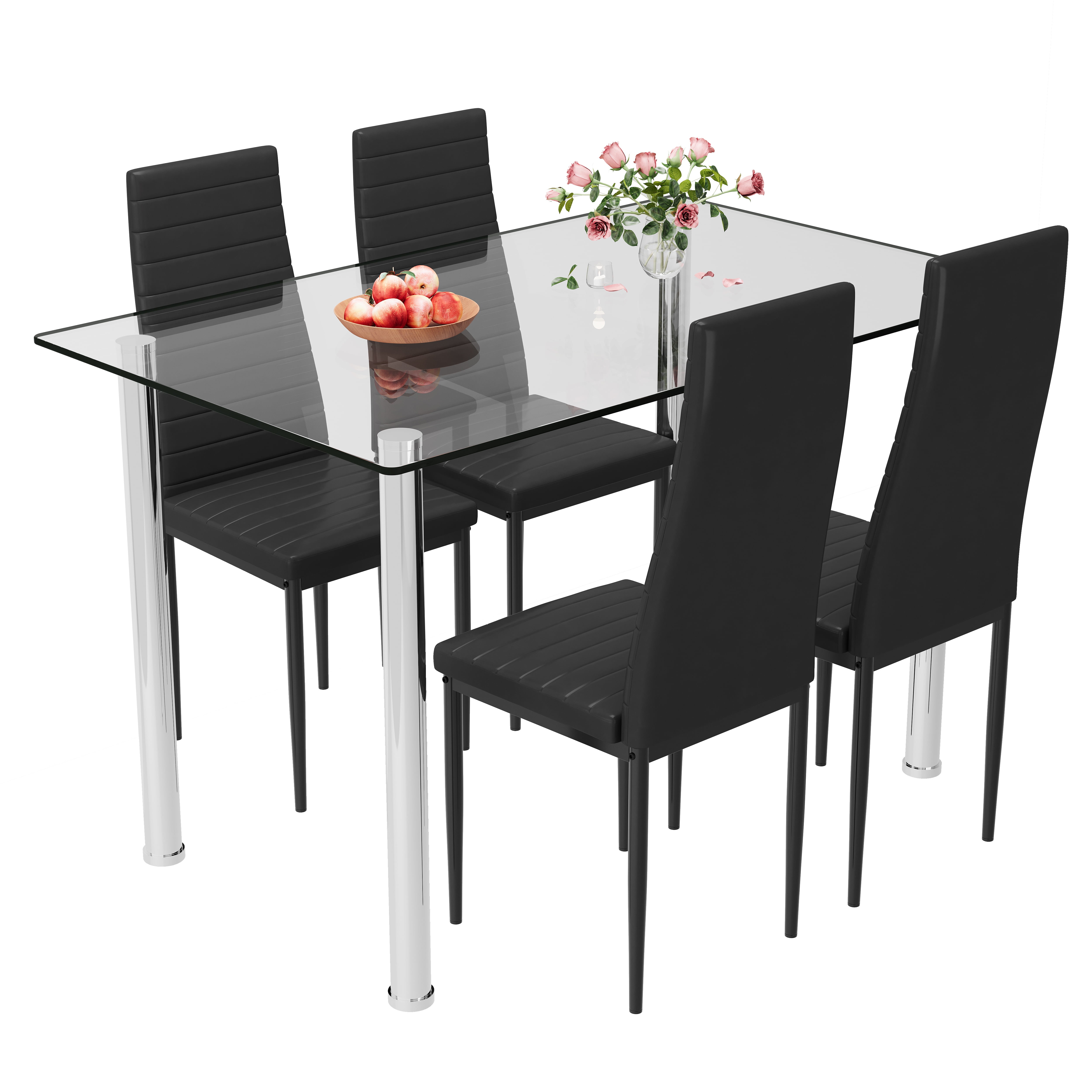 PAPROOS Dining Table Set for 4, Modern Kitchen Table Sets with Tempered Glass Dining Table and 4 PU Leather Chairs, Compact Dining Room Set for Small Space, Home Dinette Set for 4, Black