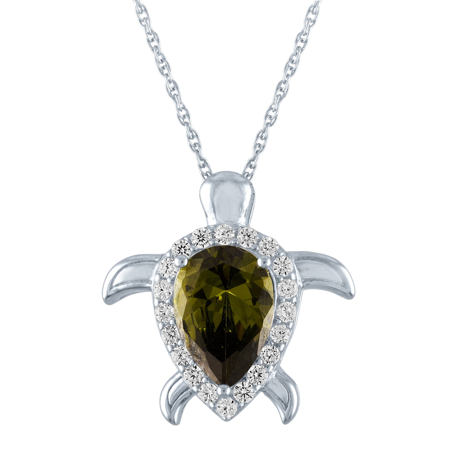 Brilliance Simulated Peridot and CZ Sterling Silver Turtle Pendant, 18"