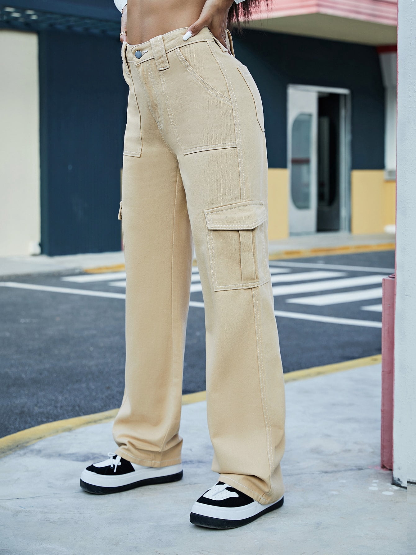 Beige Women's High Waist Slant Pocket 