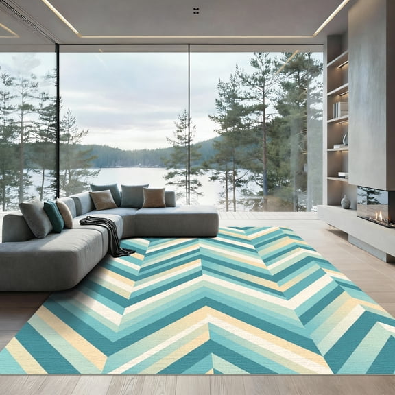 ODIKA 4'x6' Machine Washable Non-Slip Area Rug, Geometric Teal High Traffic Rug, Blue, 1299036