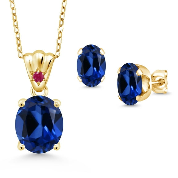 18K Yellow Gold Plated Silver Blue Created Sapphire and Red Ruby Pendant and Earrings Jewelry Set for Women (8.24 Cttw, Gemstone Birthstone, Oval 11X9MM and 8X6MM with 18 inch Silver Chain)