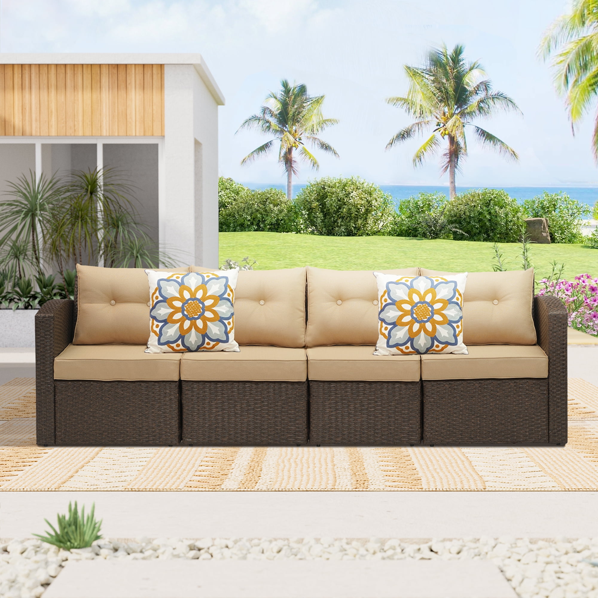 Royalcraft 4 Pieces PE Light Brown Wicker Outdoor Furniture,Patio Sofa Sets Outdoor Rattan