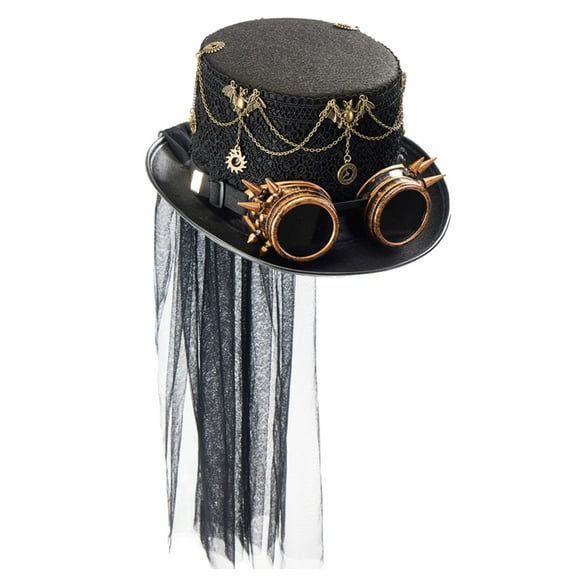 yotijay Steam Punk Silk Hat Jazz Hat With Goggles for Roll Plame Promen Holiday Carnival Black