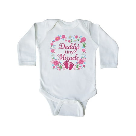 

Inktastic Daddy s Tiny Miracle with Pink Flowers and Baby Footprints Gift Baby Boy or Baby Girl Long Sleeve Bodysuit