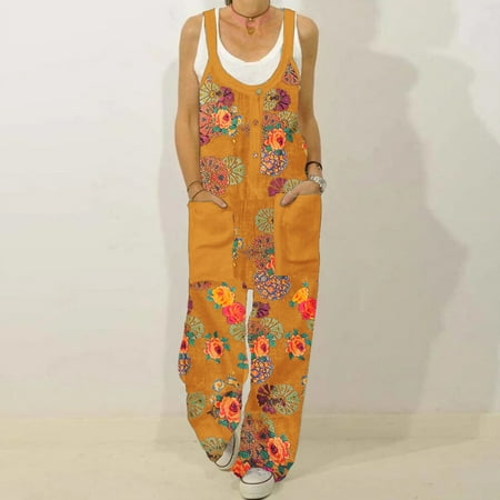

Quealent Jumpsuits For Women Casual Women Vintage Floral Print Straps O-Neck Rompers Pocket Playsuit Long Jumpsuit Yellow M