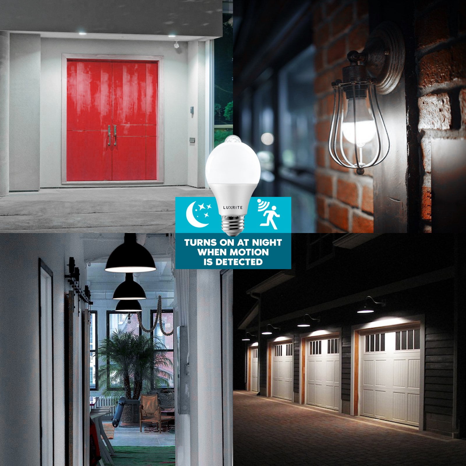 Luxrite A19 LED Dusk to Dawn Motion Sensor Security Light Bulb 5000K Bright White 800 Lumens UL Listed E26 6-Pack