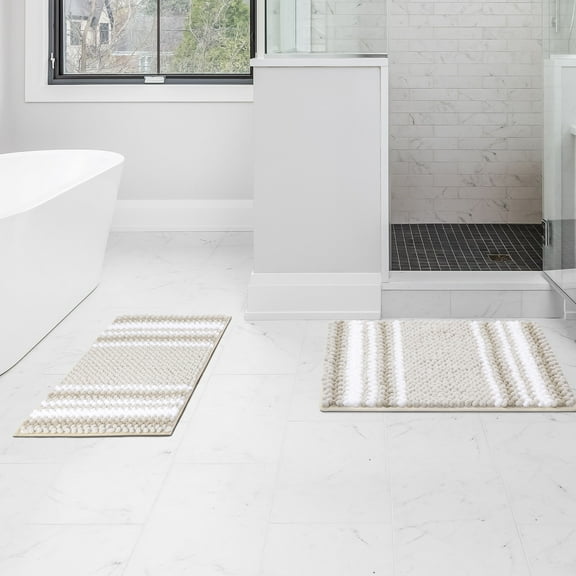 REGALWOVEN Chenille Bathroom Rug Set of 2 Extra Soft Fluffy, Striped Bath Mat Shaggy Rugs Absorbent Bone 17"x24"