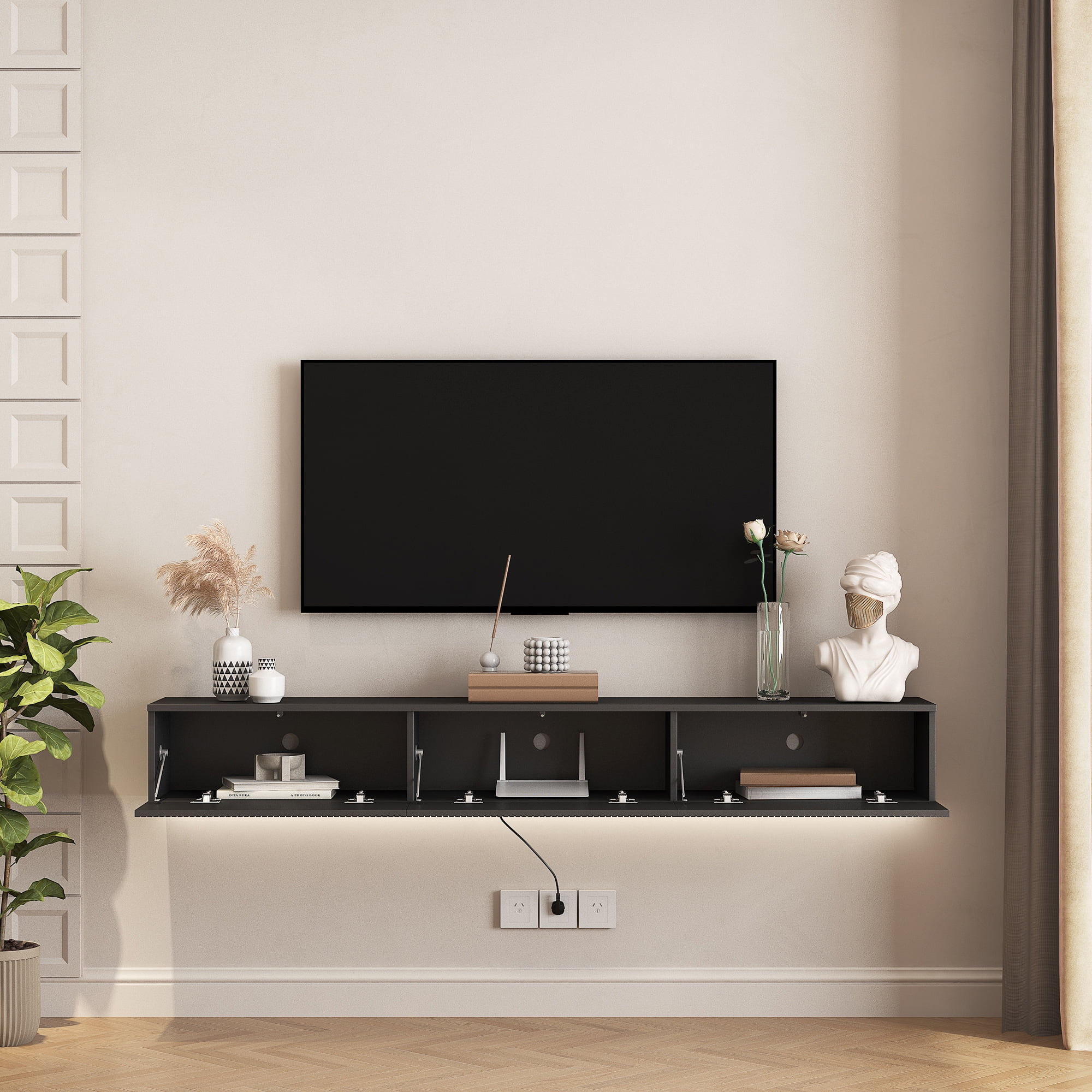 Aukfa Floating TV Stand Wall Mounted for TVs up to 70" w/ LED APP Control & Power Outlet,Black