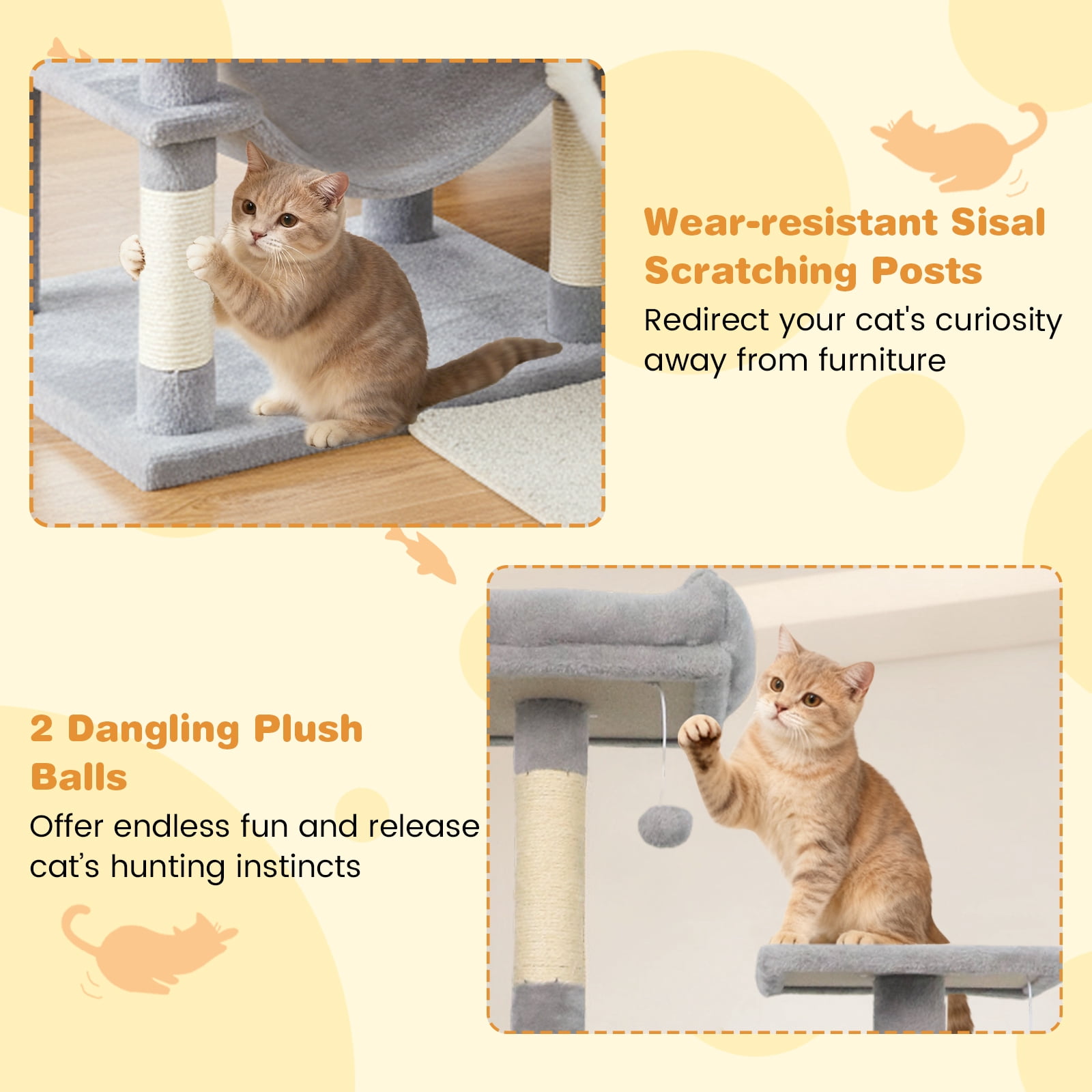 Costway 70” Cat Tree for Indoor Cats with Padded Top Perch, Dual Condos, Hammock, Platforms Light Gray