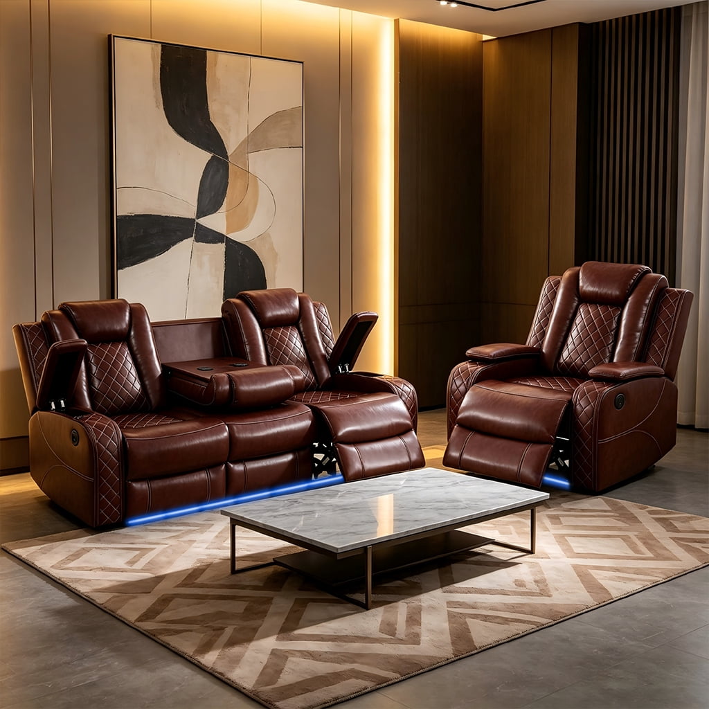 Gewnee 3-Seat Power Adjustable Sofa with One Recliner, Console & Cup Holders, Air Leather, Adjustable Reclining Angles, Suitable for Living Room,Brown