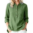 thumbnail image 3 of ClodeEU Women's Linen 3/4 Sleeve Crewneck Button Shirt with Side Slit,Solid Color Casual Summer Top Army Green,Women's Plus L, 3 of 9