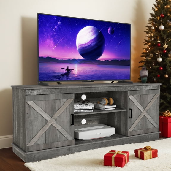 Dextrus Farmhouse TV Stand with Storage, TV Media Console Cabinet for 65 inch TV, Rustic Gray