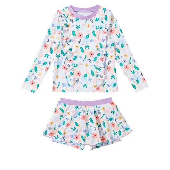 HWJAD 2-Piece Rash Guard Sets for Toddler Kids Little Girls Long Sleeve Swimsuit with UPF 50  Sun Protection
