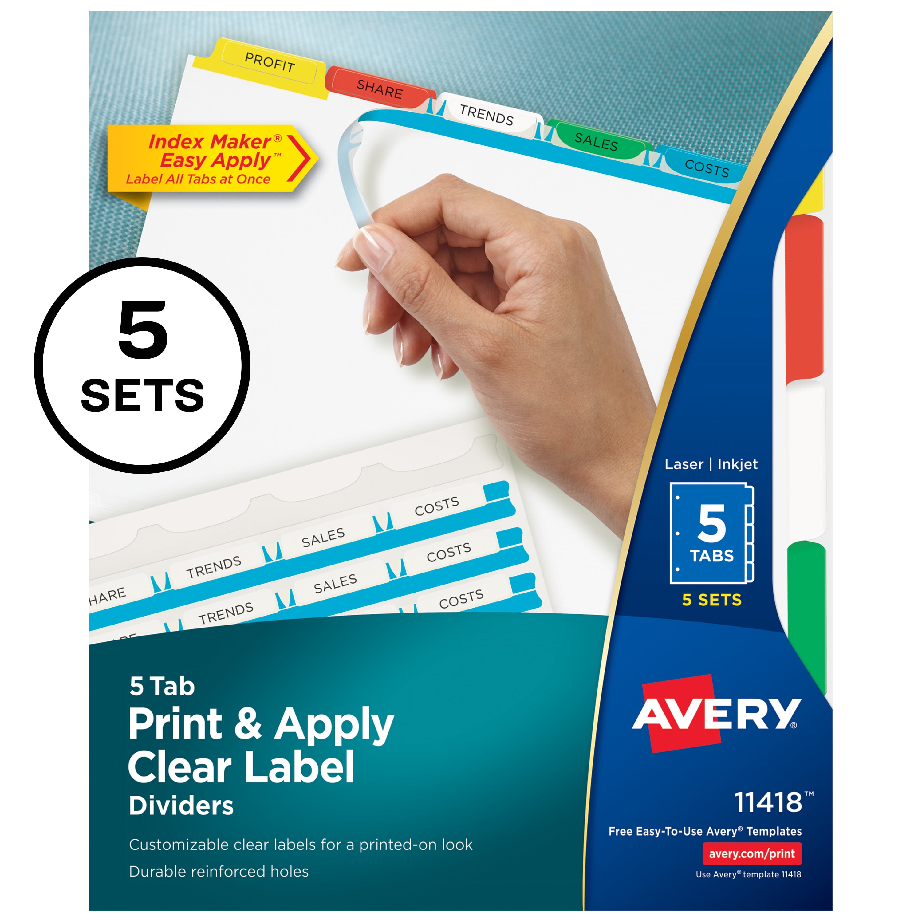 Avery 5 Tab Binder Dividers Easy Print Apply Clear Label Strip 