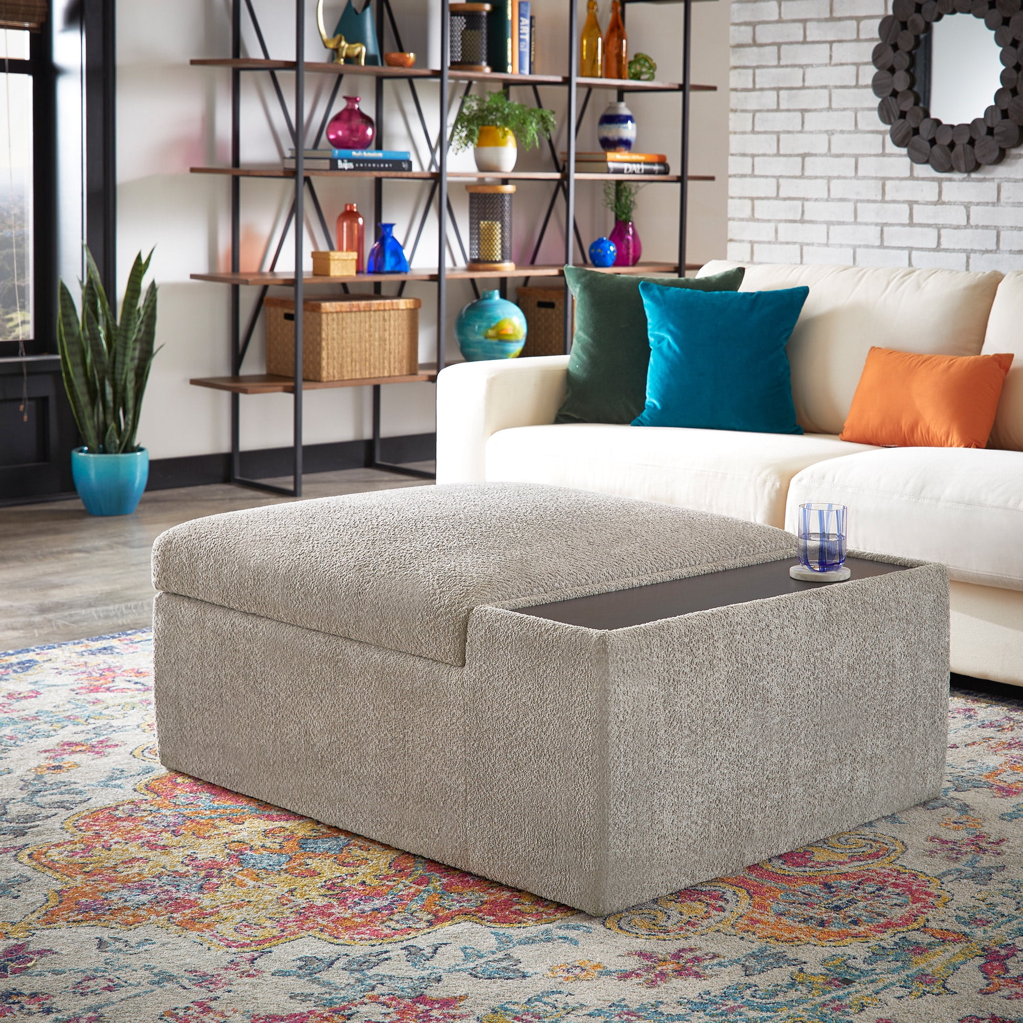 Weston Home Laguna Boucle Fabric Ottoman with Table and Casters, Gray