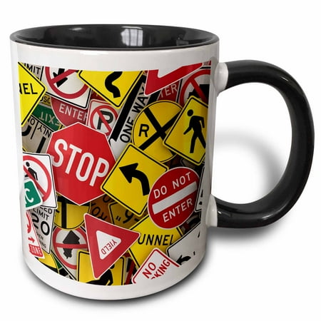 

3dRose American road sign signs collage street stop yield usa Two Tone Black Mug 11oz