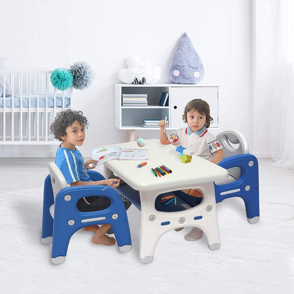 MIDODO Kids Table and 2 Chairs Set with Storage Shelf, 3-in-1 Toddler Table and Chair Set Children Multi-Activity Table for Classroom, Daycare, Home