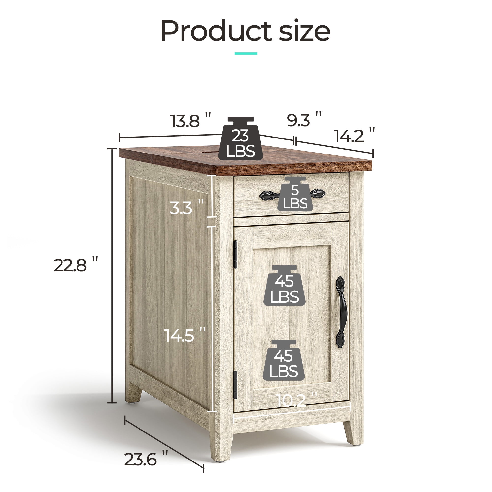 LINSY HOME End Tables for Living Room with Charging Station, Nightstand for Bedroom with Drawer and Detachable Holder,Washed Grey & Brown