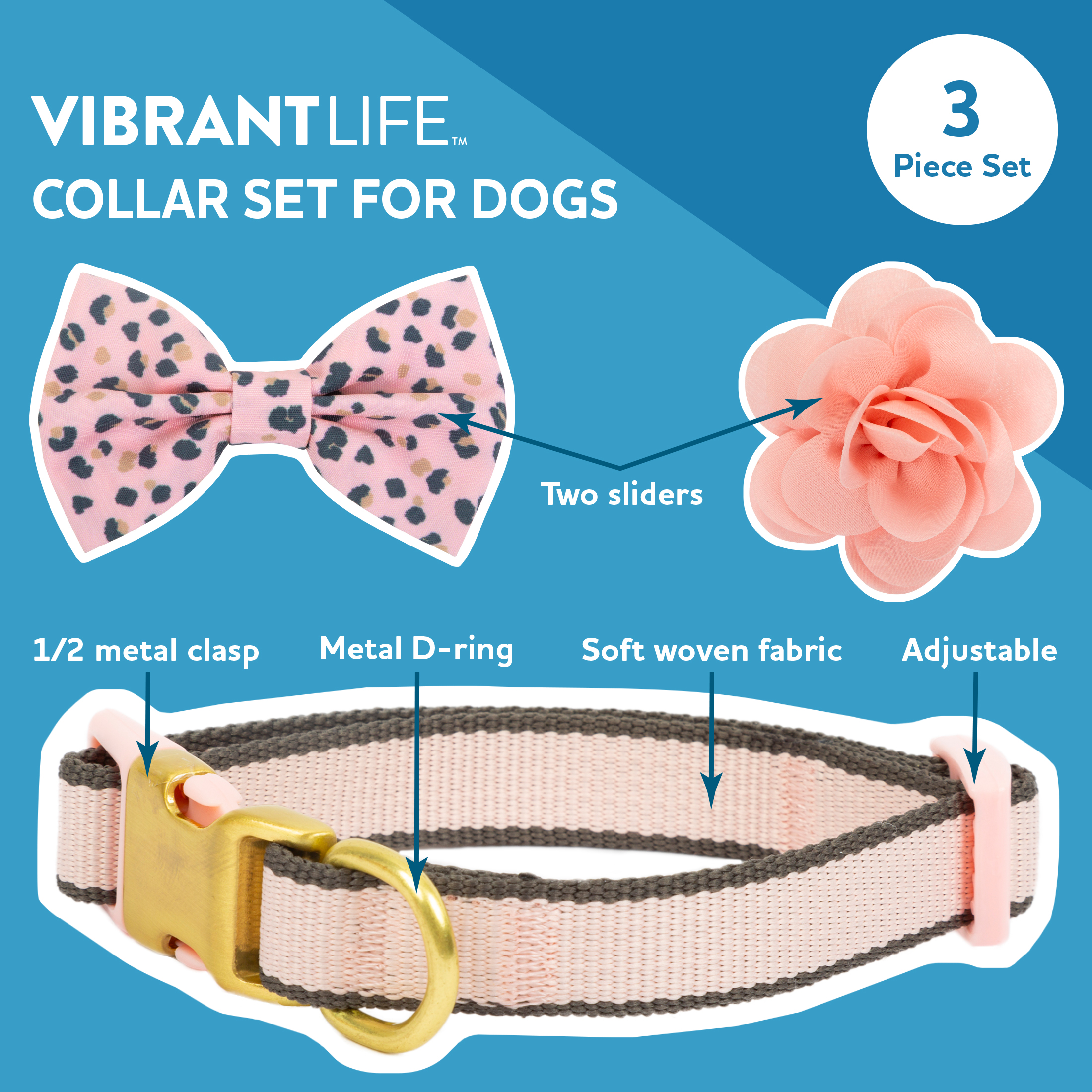 Vibrant Life Pink Collar Bow Tie Slider Set for Dogs, Size Medium